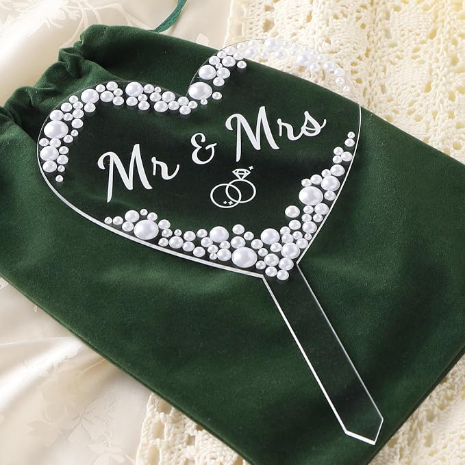 Coucoland Mr and Mrs Cake Topper - Heart Wedding Cake Decor with Elegant Pearls for Engagement Bridal Anniversary