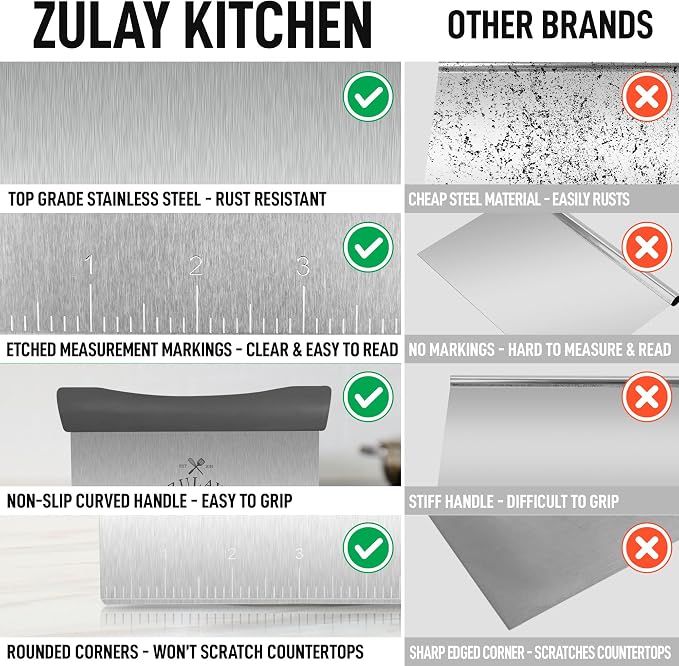Zulay Premium Multi-purpose Stainless Steel Bench Scraper & Chopper, Easy to Read Etched Markings for Perfect Cuts, Quick & Easy Multi-use Dough Scraper, Dough Cutter & Pastry Scraper (Gray)