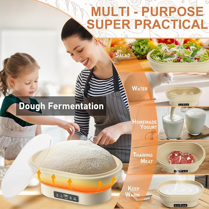 Banneton Bread Proofing Basket Set, 10" Oval Bread Baking Supplies, Silicone Foldable Sourdough Starter Warmer, Precise Thermostat Control 77-122°F. 6H Timer, Starter Baking Kit Gift