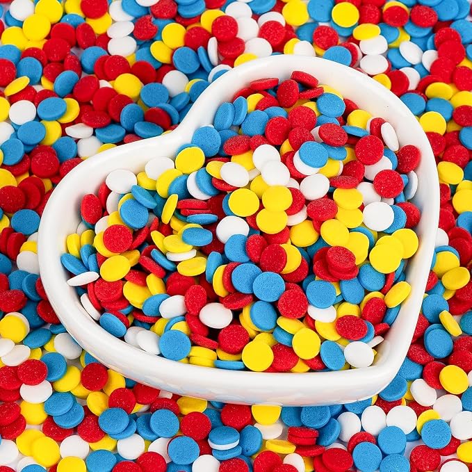 Colorful Round Confetti Sprinkles,Edible Cake Decorations for Baking,130g,Red Blue Yellow and White Sugar Sprinkle,fancy baking Cupcakes Cookie Donuts Ice Cream Toppers,Duck Themed Desserts,Birthday,Children's Party Supplies