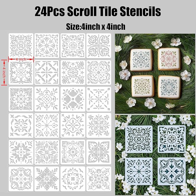 24 Pack Scroll Tile Stencils, 4 Inch Reusable Moroccan Scroll Tile Stencils for Painting Floors, Walls, Furniture, Crafts, Cake Decorating - Azulejo Tile Pattern Templates for DIY Home Decor & Baking