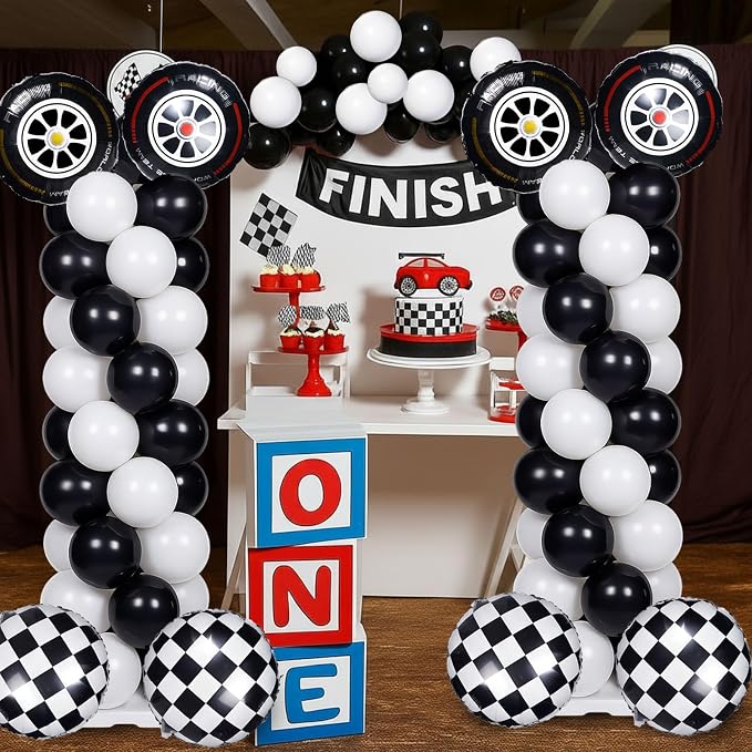 Skylety 2 Sets Race Car Balloon Column Stand Kit Adjustable Race Car Black White Balloon Stand with Bases for Birthday Wedding Anniversary Graduation Party Baby Shower Decorations Supplies