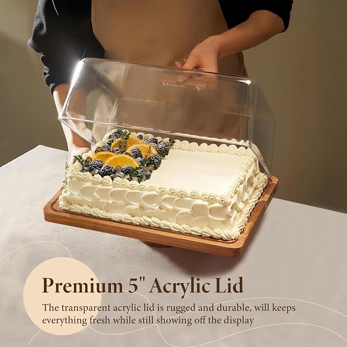 Rectangular Acacia Wood Cake Stand with Thickened Acrylic Cover | 2-in-1 Cake Stand/Charcuterie Board, 15''L*11.5"W, Stablize & Solid, Party Decorations, Gift-Ready, Fit Parties, Holiday