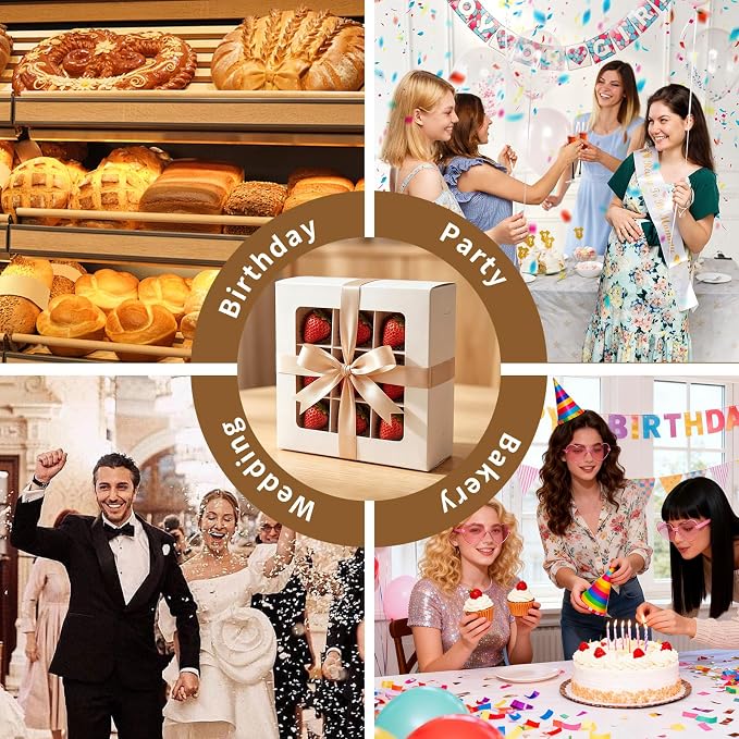 Homrelaxy 70 Pcs White Bakery Boxes with Window - 8x8x2.5 Inches Cardboard Cookies Boxes with Stickers for Macaroon, Pastries, Donuts, Cupcakes, Cookies and Chocolate Strawberries