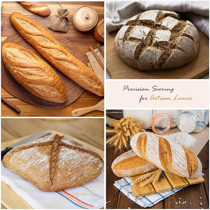 Linora Bread Lame sourdough scoring tool - Handcrafted Wooden bread scoring knife with 4 Razor Blades, scoring tool for sourdough bread baking, bread scorer blade with protective cover
