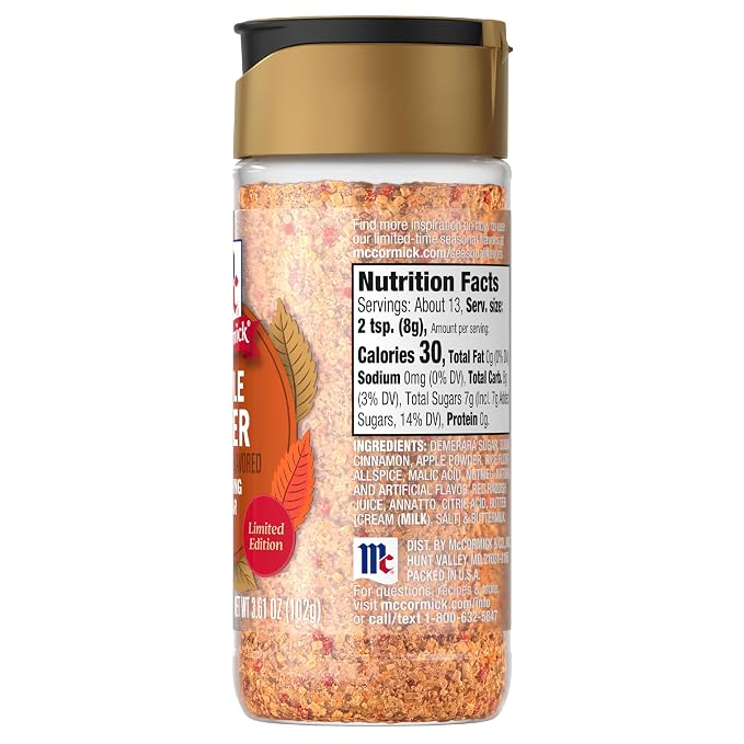 McCormick Finishing Sugar, Apple Cider, Limited Edition, Sweet Blend of Tart Apple and Warm Spices, For French Toast, Cookies, Muffins, Pancakes, Donuts, and More, 3.61 oz (Pack of 2)
