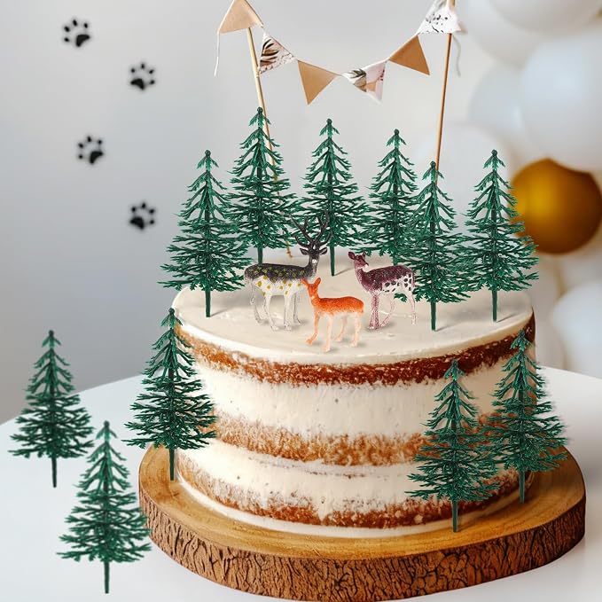 15PCS Deer Cake Topper Tree Cake Topper Christmas Cakes Decorations with Mini Tree Deer Figurine for Birthday Party Decorations Hunting Themed Decor Christmas Party Supply