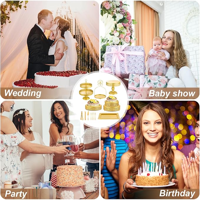 Wenqik 15 Pcs Gold Cake Stand Set Metal Dessert Display Set Tiered Cupcake Holder Square Serving Trays Round Tower Tray Platter for Wedding Birthday Party Celebration (Classic Style)