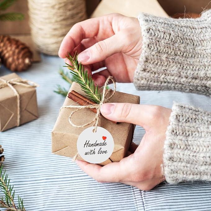TIESOME 200Pcs Handmade with Love Tags, Paper Gift Labels with Twine String