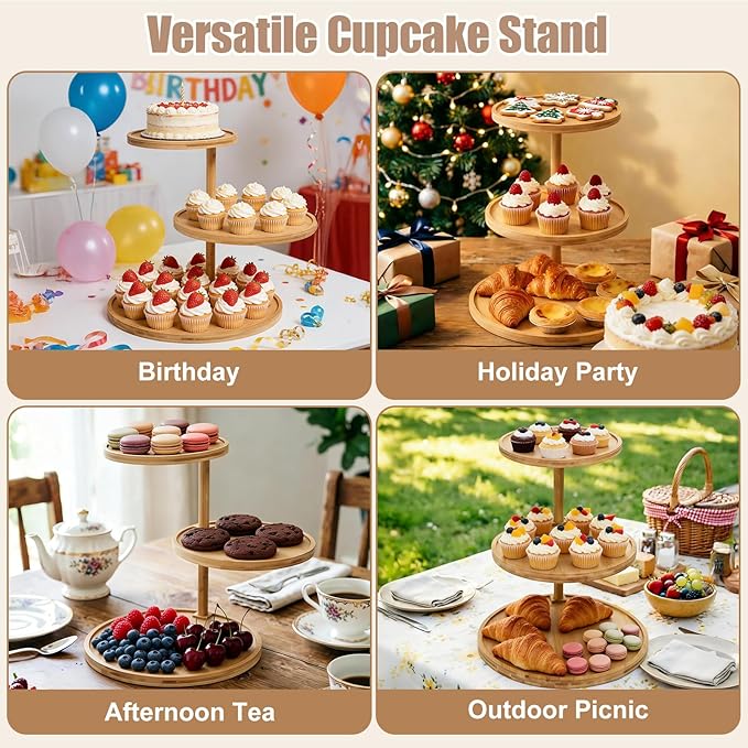 Cupcake Stand, Wood Cake Stand, Cupcake Display Stand, Wedding Cake Stands, Rotatable Bamboo Cupcake Stands for Party, 3 Tier Cupcake Stand, Cup Cake Tower Stand for Birthday Party Decoration