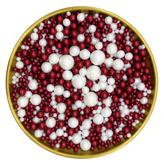 Edible Red & White Sugar Pearls Sprinkles Candy Mix Size Pearls Cake Decorations Cupcake Toppers Decorating Perfect for Wedding Party Valentine Christmas Supplies 4.58OZ