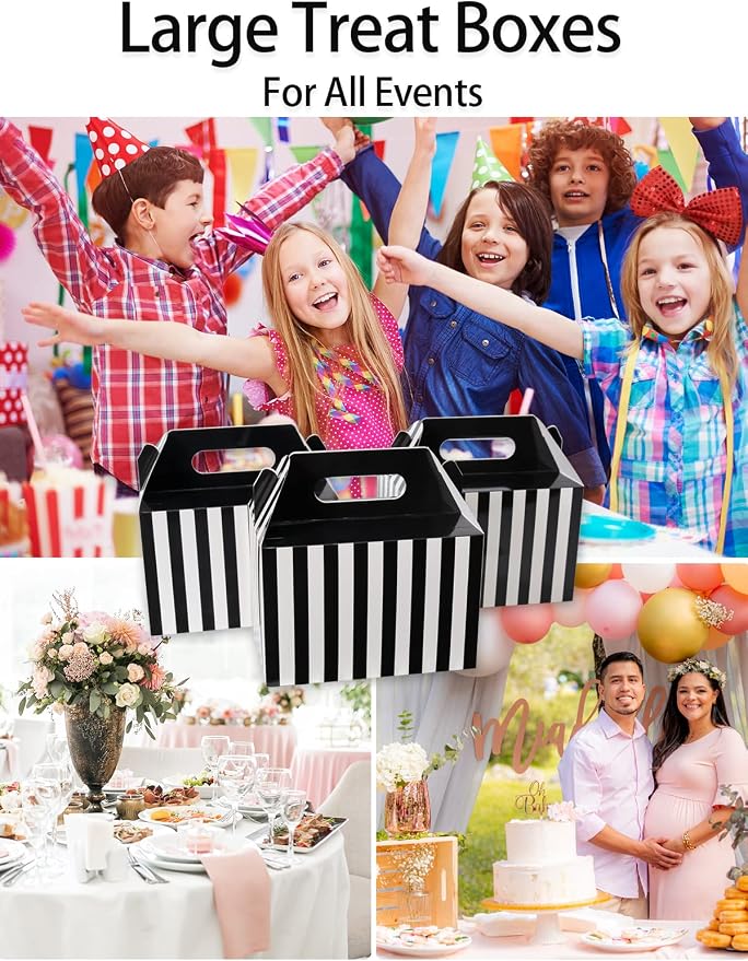 Happyhiram 50 Pcs Large Gift Boxes with Handles Black and White Stripes, 9x6x6 Gable Gift Boxes Party Favor Boxes Barn Style Carry Out Box Recyclable Lunch Boxes Paper for Food Kids Birthday