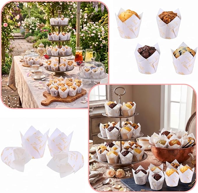 200 Pcs White Tulip Cupcake Liners for Baking, White Letters | Standard Greaseproof Tulip Muffin Liners for Baking, 3oz White Paper Cupcake Wrappers for Party Wedding Birthday