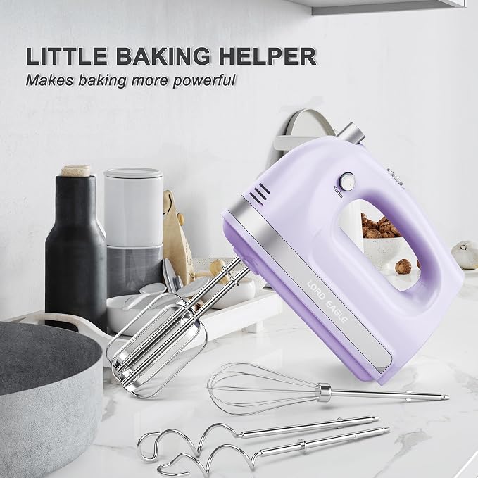 Lord Eagle Hand Mixer Electric Handheld 400W, 5-Speed Lightweight Kitchen Mixer with Storage Case, 5 Stainless Steel Attachments for Baking Cake Egg Cream Food Beater, Turbo+Eject Button, Purple