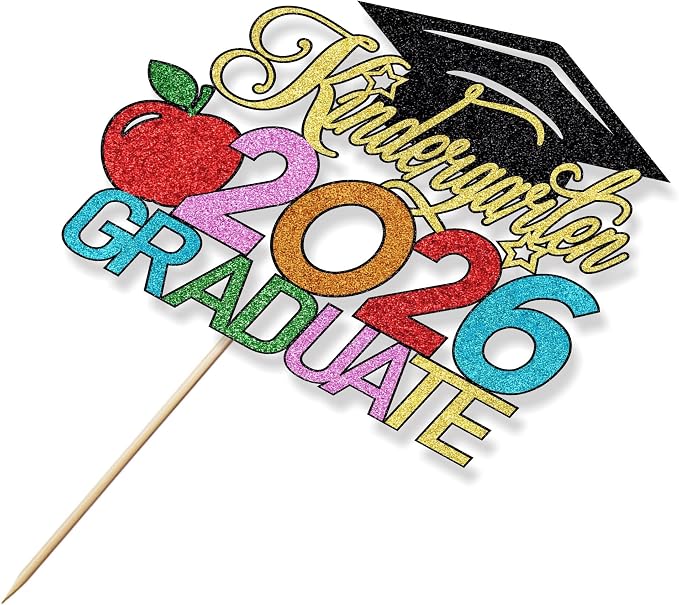 Kindergarten 2026 Graduate Cake Topper, Chirldren Graduation Cake Decorations, Preschool Kindergarten Graduations Party Decoration, Glitter Grad 2026 Happy Graduation (Black Gold 1)