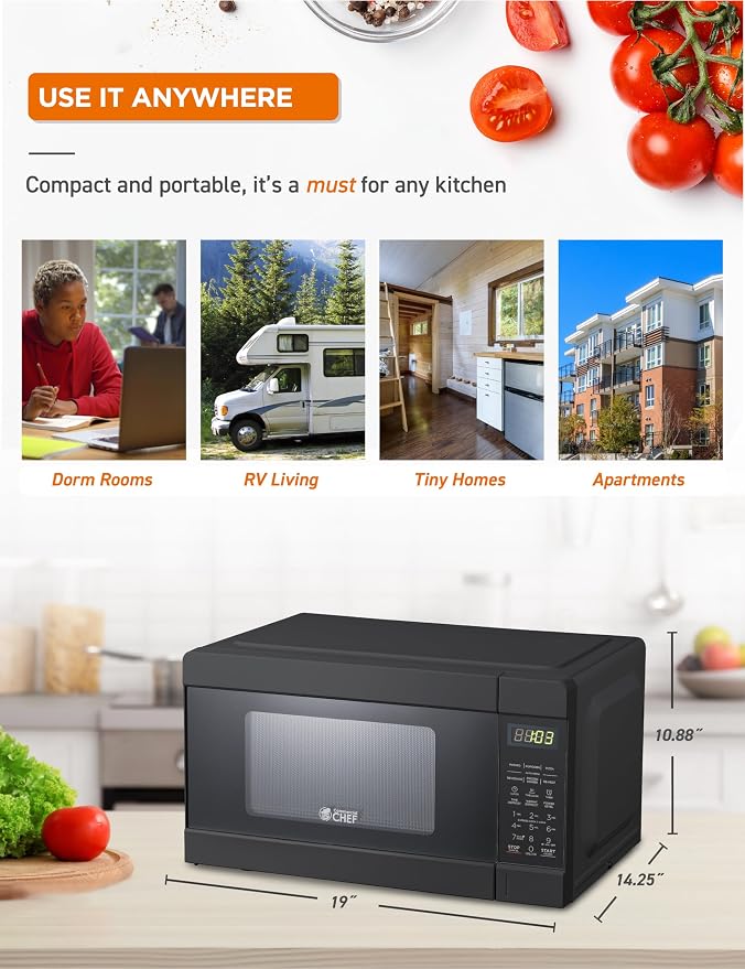COMMERCIAL CHEF 0.9 Cu Ft Microwave with 10 Power Levels, Push Button and Child Lock, Digital Controls, Countertop Microwave with Timer and Quick-Touch Menu, Black