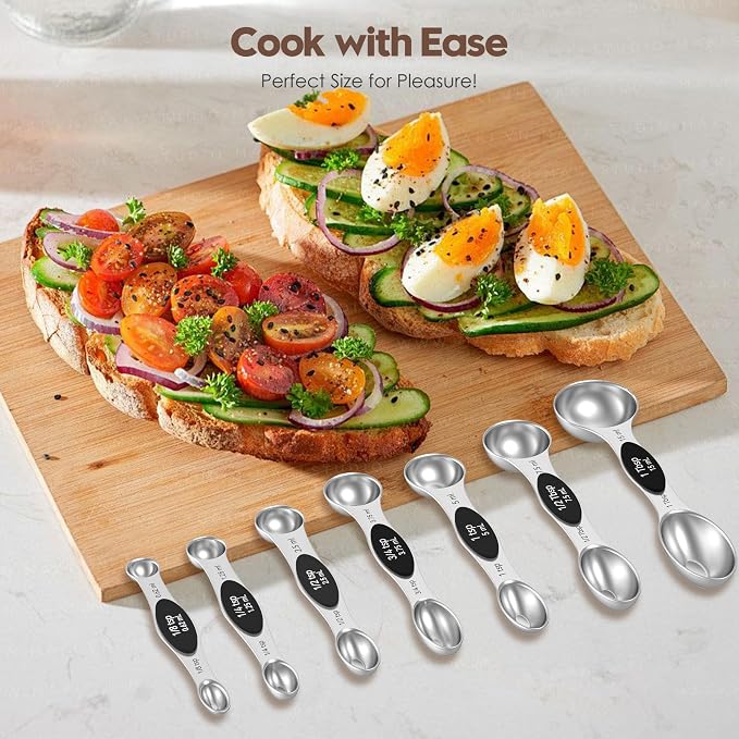 Magnetic Measuring Spoons Set of 8 | Heavy Duty 304 Stainless Steel, Triple Measurement Markings, Strong N52 Magnets, Easy to Clean, Space-Saving with Leveler Included (Black)