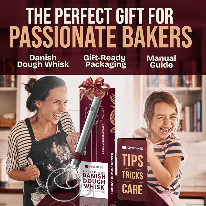 Superbaking Danish Dough Whisk - 12" Bread Whisk for Dough Mixing - Single Eye Design Sourdough Whisk - Sourdough Bread Baking Supplies - Bread Making Tools and Accessories - Ergonomic Stainless Steel