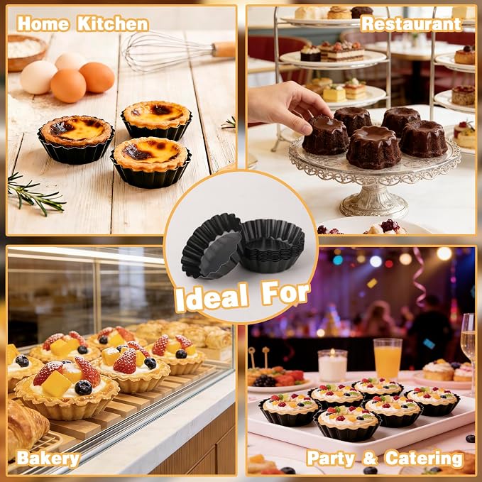 32 Pack Mini Tart Pans 3 Inch, Nonstick Carbon Steel Tartlet Pans with Removable Bottom, Fluted Egg Tart Molds for Quiche, Fruit Tarts, Mini Pies and Cheesecakes, Black