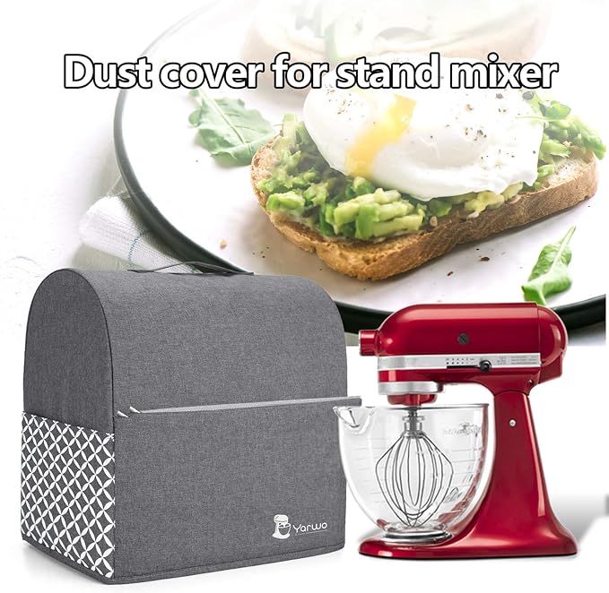 YARWO Stand Mixer Dust Cover Compatible with KitchenAid Mixer 4.5 qt -5 qt | Top Handle, Side Pockets for Kitchen Accessory, Dust-proof Protective Cover for Tilt-Head 4.5/5 qt, Washable, Gray with Grid