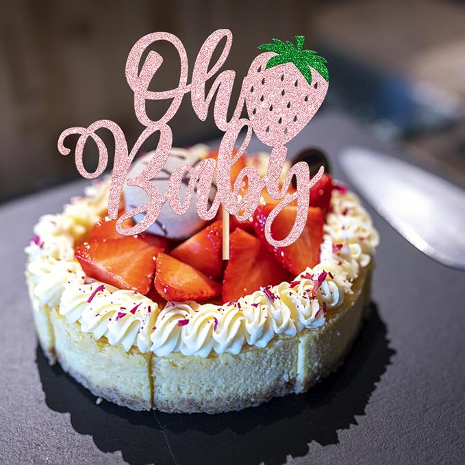 1 Pack Sweet Oh Baby Cake Topper Glitter Strawberry Cake Pick Fruit Berry Cake Decoration for Summer Baby Shower Kids Birthday Party Supplies Pink