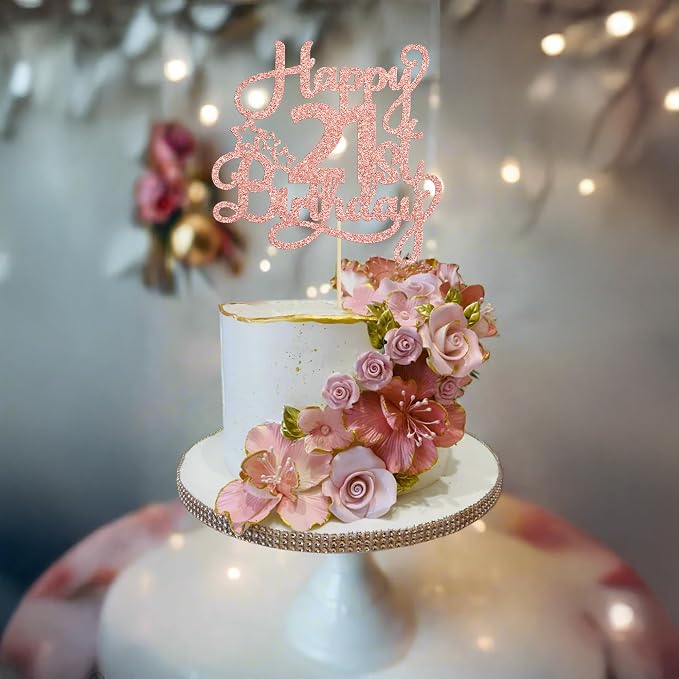 1 Pack Happy 21st Birthday Cake Topper - Rose Gold Glitter '21 & Fabulous' - Cheers to 21 Years Old Cake Pick for Celebrating Anniversary Party Decorations Supplies