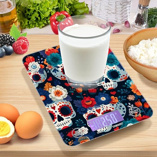 Food Scale Kitchen Digital Scale Food Ounces and Grams Dieting Baking Cooking Waterproof Glass Panels LCD Display,4 Units Scale Tare Function Some Blue Skull Halloween