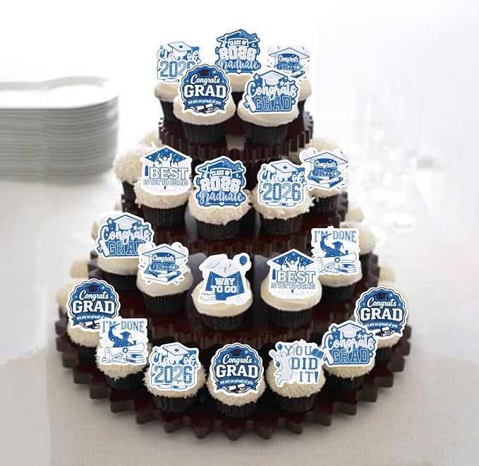 63 PCS Edible 2026 Graduation Cupcake Toppers Class of 2026 Cupake Picks Edible Done Diploma Congrats Grad Cupcake Decorations for 2026 Graduation Theme Party Cake Decorations Supplies Blue Silver