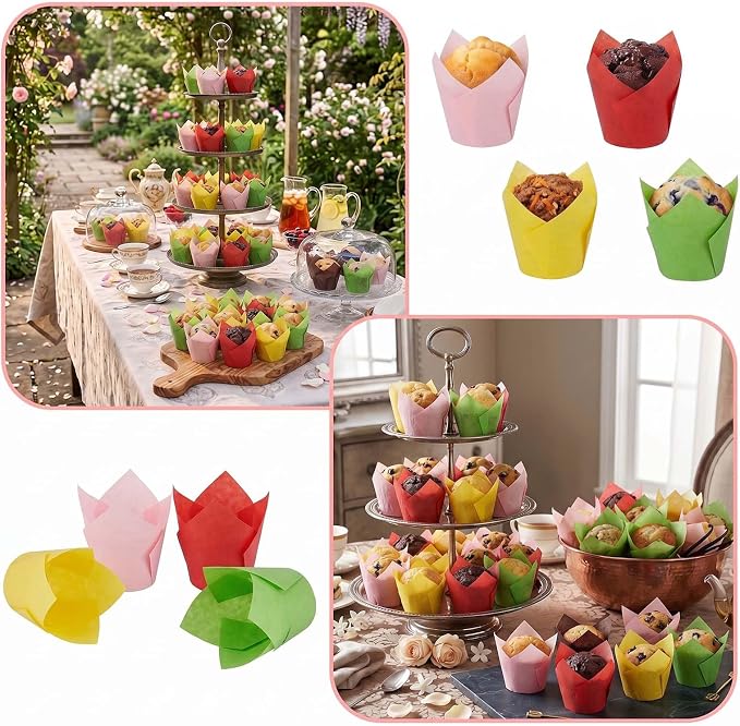 200 Pcs Tulip Cupcake Liners for Baking, Yellow Pink Red Green | Standard Greaseproof Tulip Muffin Liners for Baking, 3oz Paper Cupcake Wrappers for Party Wedding Birthday