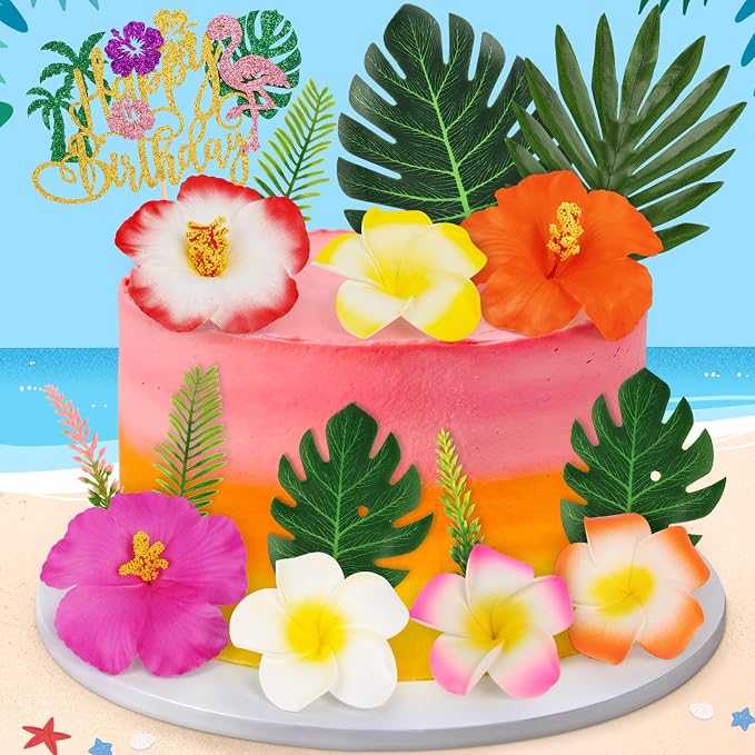 16PCS Hawaiian Flower Cake Topper Tropical Cake Decorations with Palm Leaves Flowers Hawaiian Cake Decorations for Summer Pool Beach Luau Tropical Birthday Party Supplies