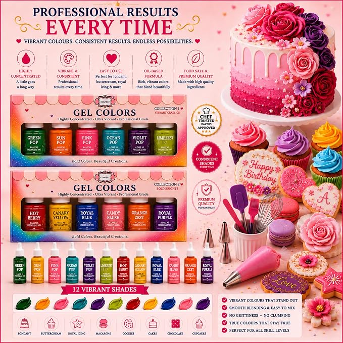 Confect Neon Pop Gel Food Coloring Set – 12 Highly Pigmented Colors for Buttercream, Cakes, Cookies, Macarons & Baking – 10mL Bottles