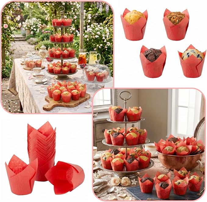 200 Pcs Red Tulip Cupcake Liners for Baking, Standard Size | Standard Greaseproof Tulip Muffin Liners for Baking, 3oz Red Paper Cupcake Wrappers for Party Wedding Birthday