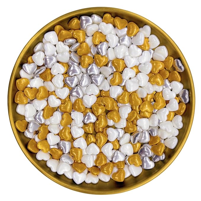 Dynastang Gold & White Heart Sprinkles Edible Heart Cake Decorating Heart Cake Decorations Cupcake Toppers Cookie Decorating Perfect for Cakes, Cupcakes, Desserts Toppings 3OZ