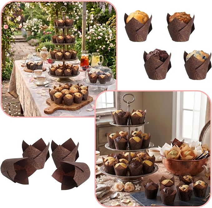 200 Pcs Brown Tulip Cupcake Liners for Baking, Brown Wavy Line | Standard Greaseproof Tulip Muffin Liners for Baking, 3oz Brown Paper Cupcake Wrappers for Party Wedding Birthday