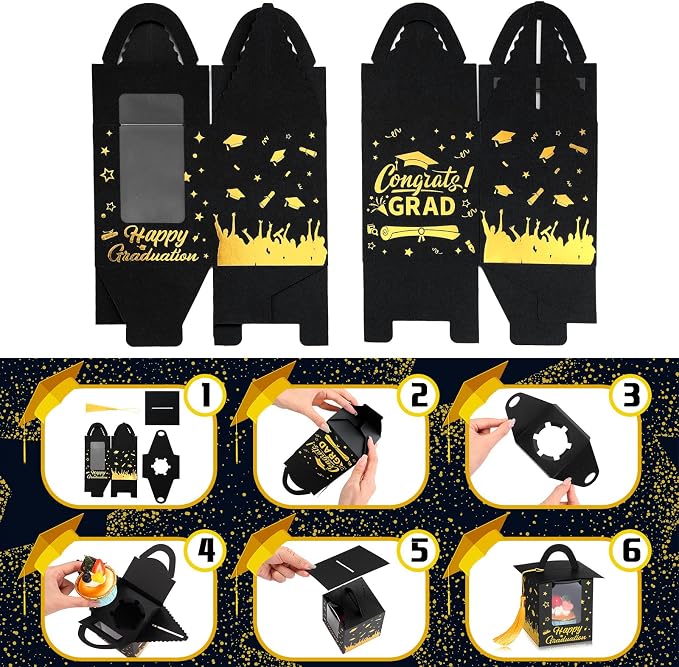Outus 30 Pcs Graduation Cupcake Boxes Graduation Gift Box Congrats Grad Cupcake Container Candy Boxes with Window and Tassel for 2026 College High School Grad Party(Black)