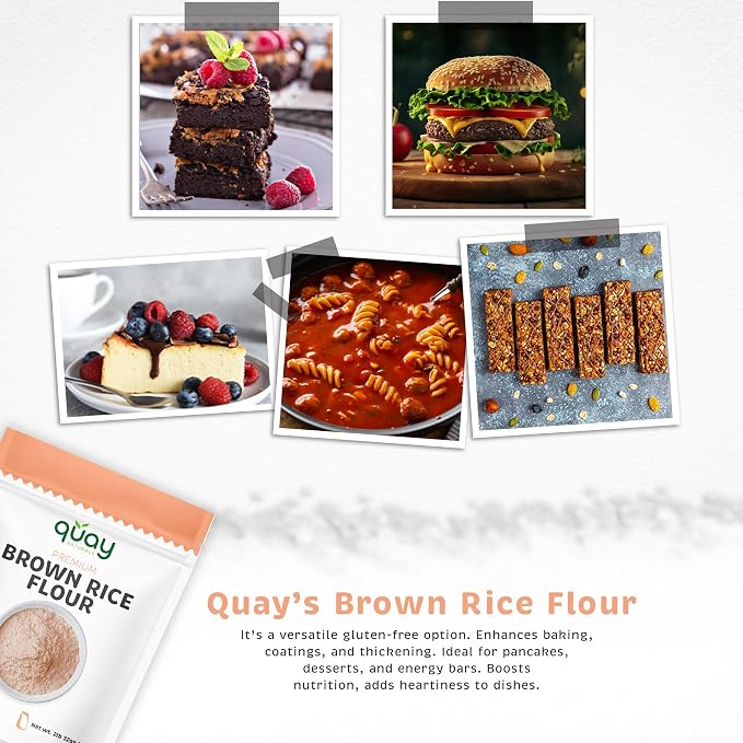 Quay Naturals Organic Brown Rice Flour Finely Milled 2 lb – Gluten Free, Non‑GMO, Whole Grain, Vegan Baking Flour, Stone Ground All Purpose Flour
