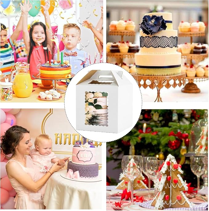 3 Pack 12x12x12 Inch Tall Cake Boxes with windows,10in 12in Tall Cake Carrier, Large Tiered Cake Box,Disposable Layer Tall Baking Carrier with Handle for Wedding, Birthday