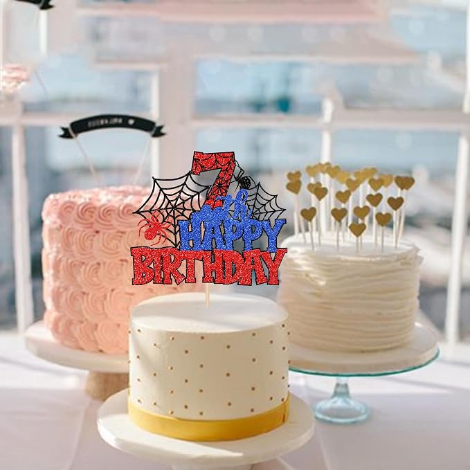 1 PCS Happy 7th Birthday Cake Topper Glitter Spider Web Cheers to 7 Years Seven Birthday Cake Pick Superhero Spider Party Decorations for Boys Girls Happy 7th Birthday Party Cake Decorations Supplies