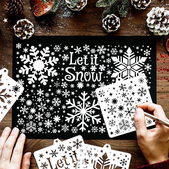 Whaline 15 Pcs Snowflake Cookie Stencils Painting Stencils Christmas Decorative Biscuit Cake Baking Templates with Bead Chain for Xmas Winter Holiday Party DIY Craft, 4.7 x 5.1 Inch