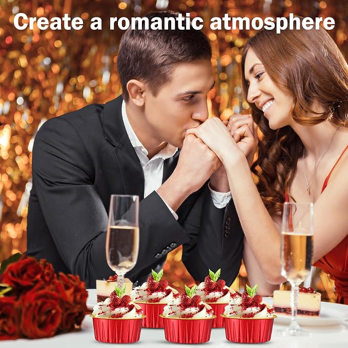 200 Pack Aluminum Foil Cupcake Liners with Lids, 5 oz Round Baking Cup, Disposable Ramekin Container for Graduation Wedding Independence Day Party(Red and Gold,Plain)