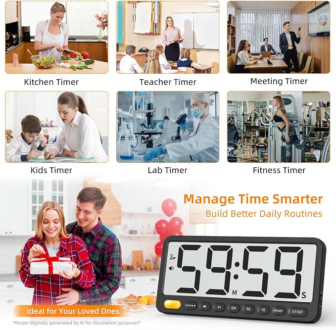 VOCOO Digital Kitchen Timer: 7.6'' Extra Large LCD Display, 99H Countdown, Magnetic, 4 Volume Levels, Visual Light Alert, Battery Operated Count-Up Stopwatch for Cooking, Home Gym, Classroom (Black)