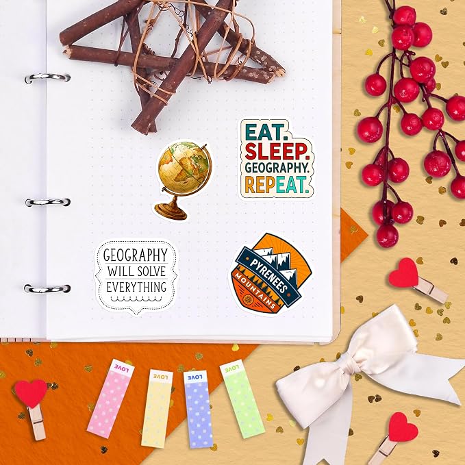 100Pcs Geography Stickers for Water Bottle, Laptop, Geography Gifts - Map, Globe, Social Studies Stickers Gifts - Gift for Women & Men