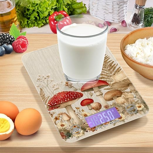 Food Scale Kitchen Scale for Baking Cooking Digital Food Weighing Measuring Scale Small Waterproof Electric Food Scale Watercolor Forest Mushroom Beige