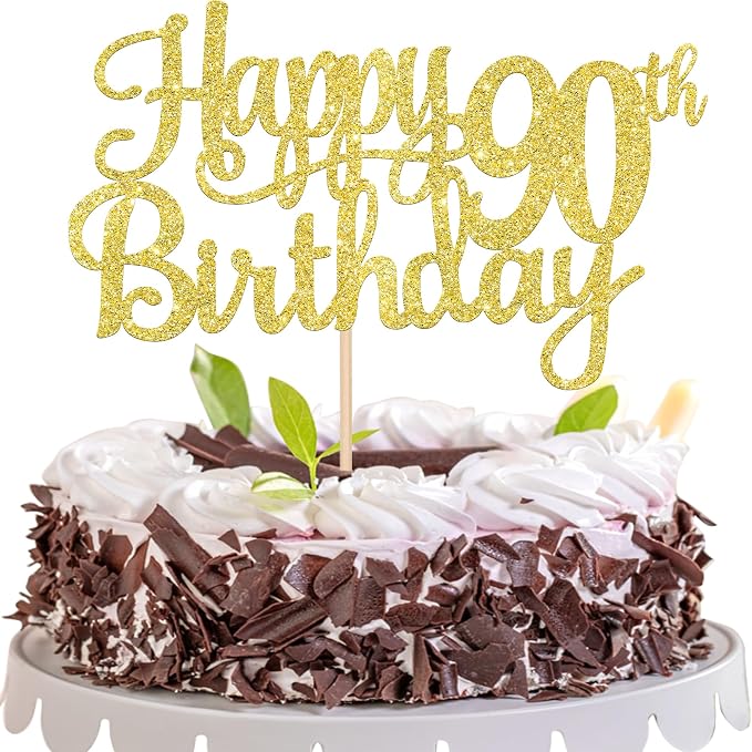1 PCS Happy 90th Birthday Cake Topper Gold Glitter Cheers to 90 Years Birthday Cake Pick 90 Fabulous Cake Decoration for Happy 90th Birthday Theme Party Decorations Supplies