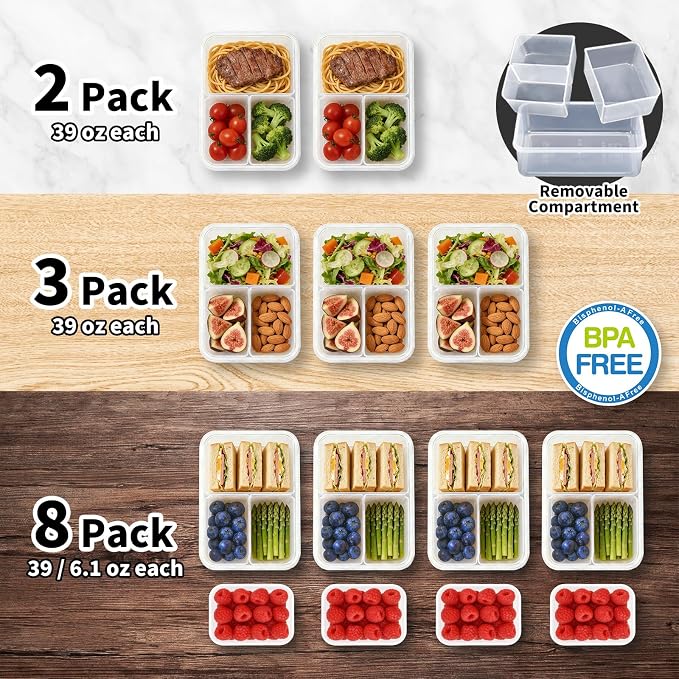 KIGI Lunch Container Set with Small Containers, 3 Compartment Food Storage for Meal Prep & Snacks, Leak-Proof & Airtight lids, BPA-free Plastic, Removable Divided Inserts, Microwave Safe, 24 Piece Set