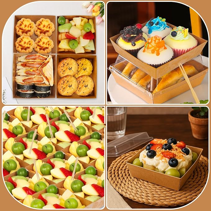 24 Pack Small Charcuterie Boxes with Clear Lids, Paper Mini Charcuterie Box To Go, Disposable Food Container with Lid, Dessert Boxes for Sandwich, Cookie, Sushi, Cake Slice, and Strawberries