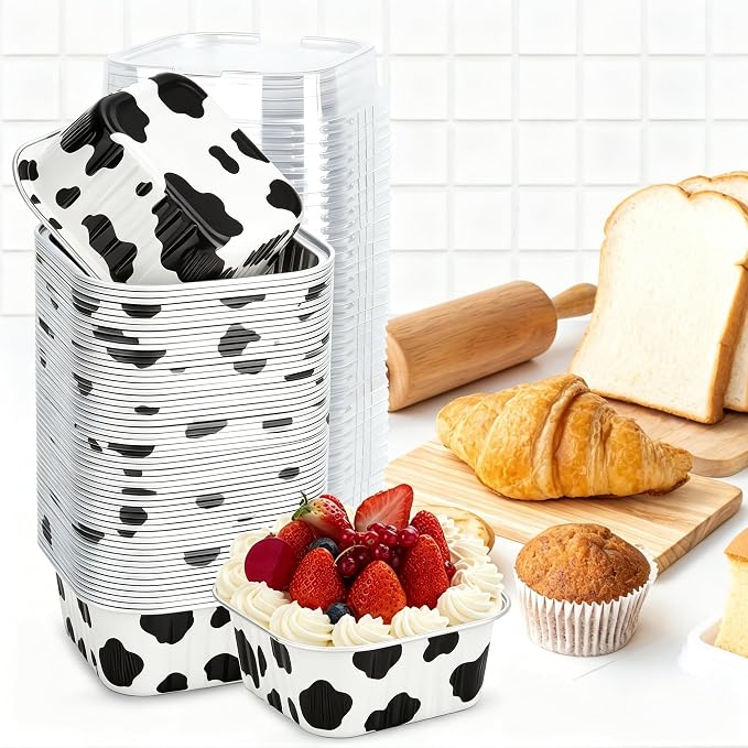 100Pack 5oz Cow Mini Cake Pans with Lids Baking Cups Aluminum Foil Pans Tins, Individual Dessert Cups Containers for Sales,Party,Picnics