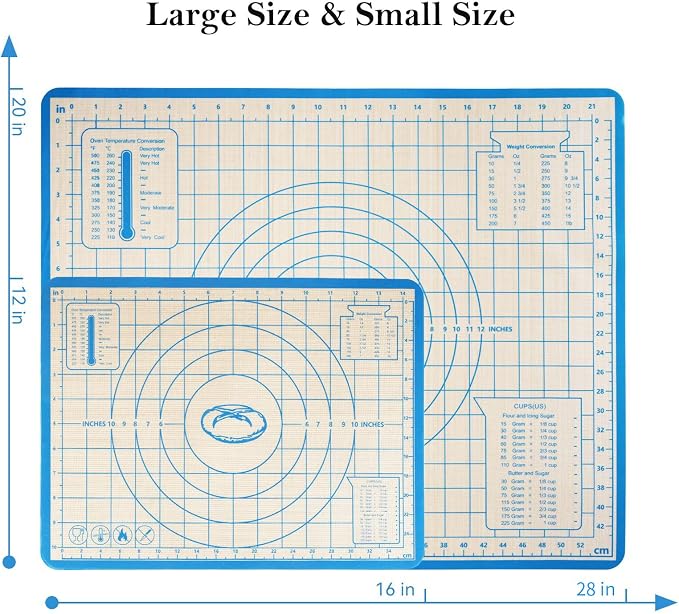Silicone Baking Mat,28in×20in & 16in×12in Pastry Mat,Measuring Non-slip Dough mat Mats for Baking,Kneading Dough,Table Mats Blue (2Pack)
