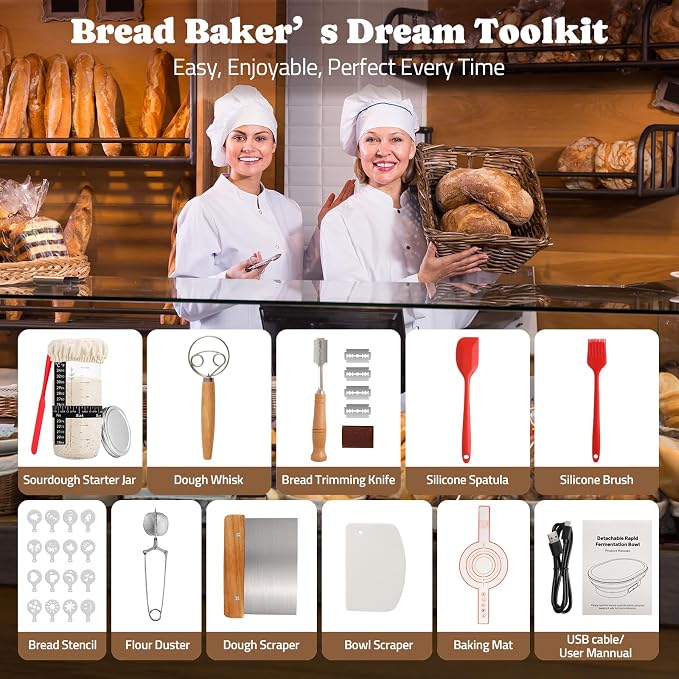 Heating Complete Sourdough Starter Kit, 4L Electric Thermostatic Silicone Oval Foldable Banneton Bread Proofing Basket with 6 Timer & Temp Settings for Dough Rising, Dishwasher Safe, Bread Making Kit
