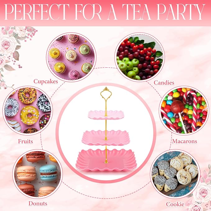 FoldTier 6 Pack Cupcake Stand Set 3 Pcs 3 Tier Gradient Dessert Table Display Stands Cookie Tray Rack 3 X14 in Rectangle Party Trays for Wedding Birthday Tea Party Baby Shower(Pink,Rectangle)